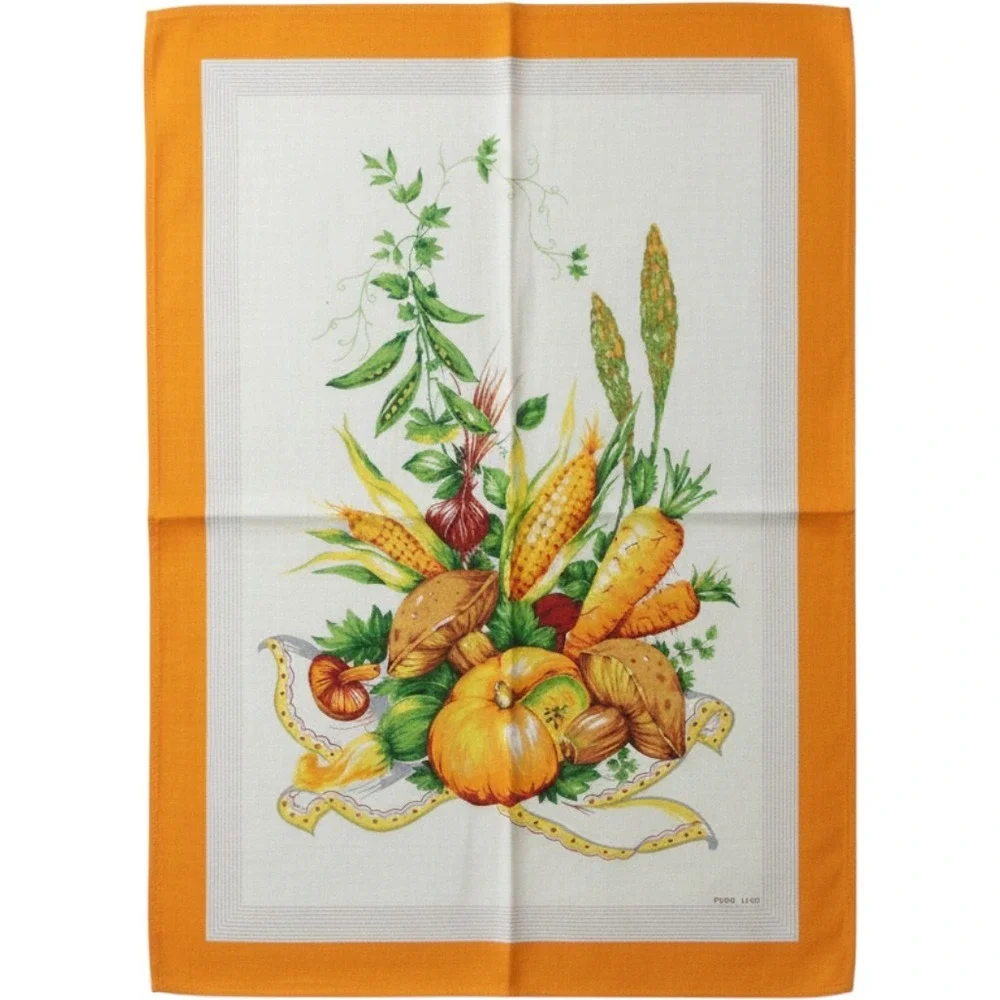 Puro Lino Vintage Style Harvest Vegetable Tea Towel Orange Border Pumpkin Corn
